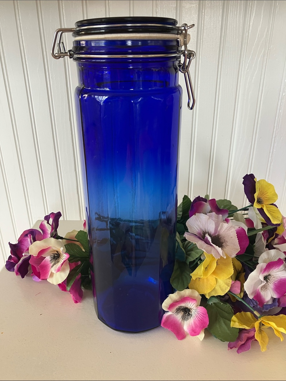 Cobalt Blue Cylinder Glass Jar With Wire Clamp Hinged Lid